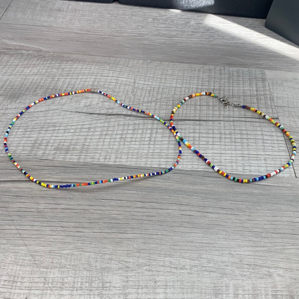 2 Handmade Multi Color Rainbow Seed Bead Necklace 16 Inch Adjustable Clasp 5406
